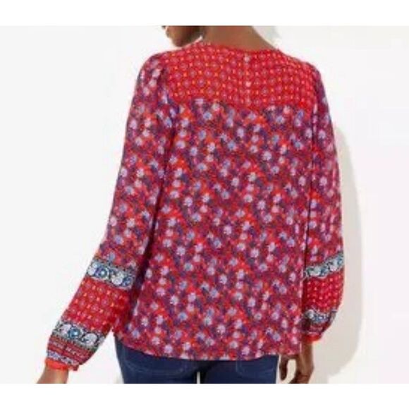 Loft red floral geometric border long sleeve blouse M - Picture 2 of 11